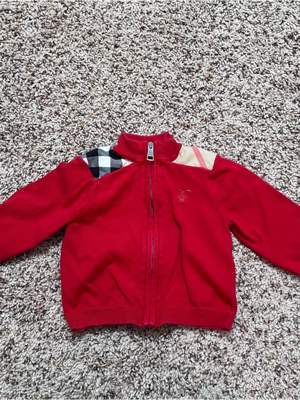 Burberry Red Kids Zip-Up Sweater with Check Shoulder Detail Size 9 Months